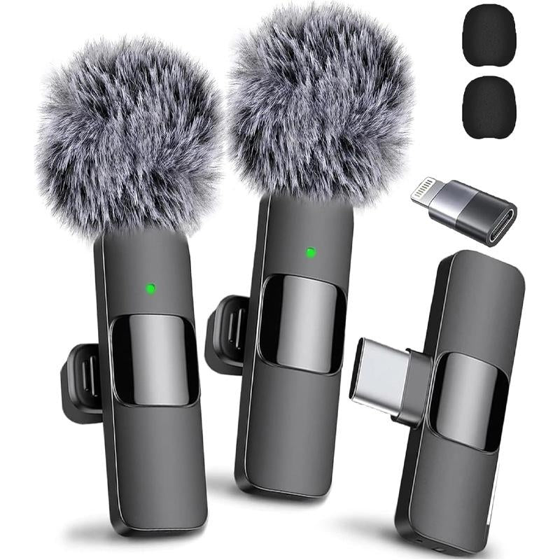 Wireless Mini Microphone for Iphone/Smartphone, 2 Mini Lapel Microphones with Clearer Audio for Video Recording, Interview, Vlog，Noise Reduction Device Noise Cancellation Stereo Wireless Vlogging Tools Handheld High Quality Audio