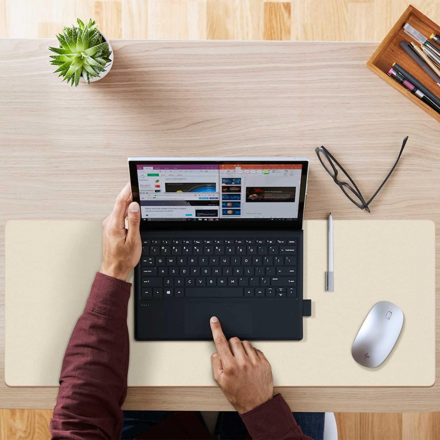 Double-Sided PU Leather Desk Pad - Non-Slip Large Mouse Pad & Desk Mat for Office, Home - Waterproof, Easy to Clean, Durable Dual-Sided Surface (31.5" X 15.7", Beige)